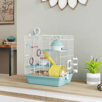 3-Level Hamster Cage, Gerbil Cage with Exercise Wheel, Tunnels, Water Bottle, Food Bowl, House, Ramps, for Dwarf Hamster, 34.5 x 27.5 x 41 cm, Blue
