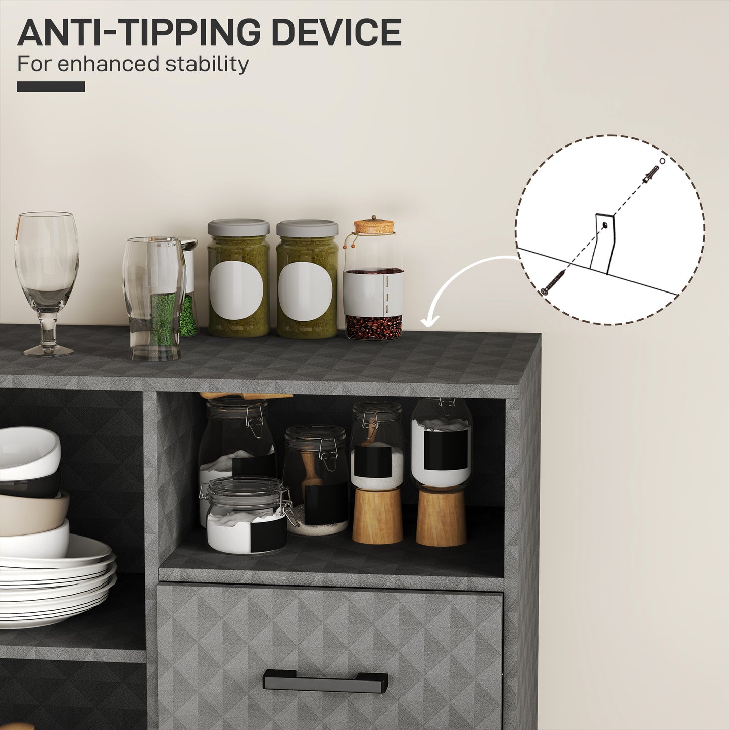 Cupboard with Adjustable Shelf, Open Compartment, 2 Drawers, Grey