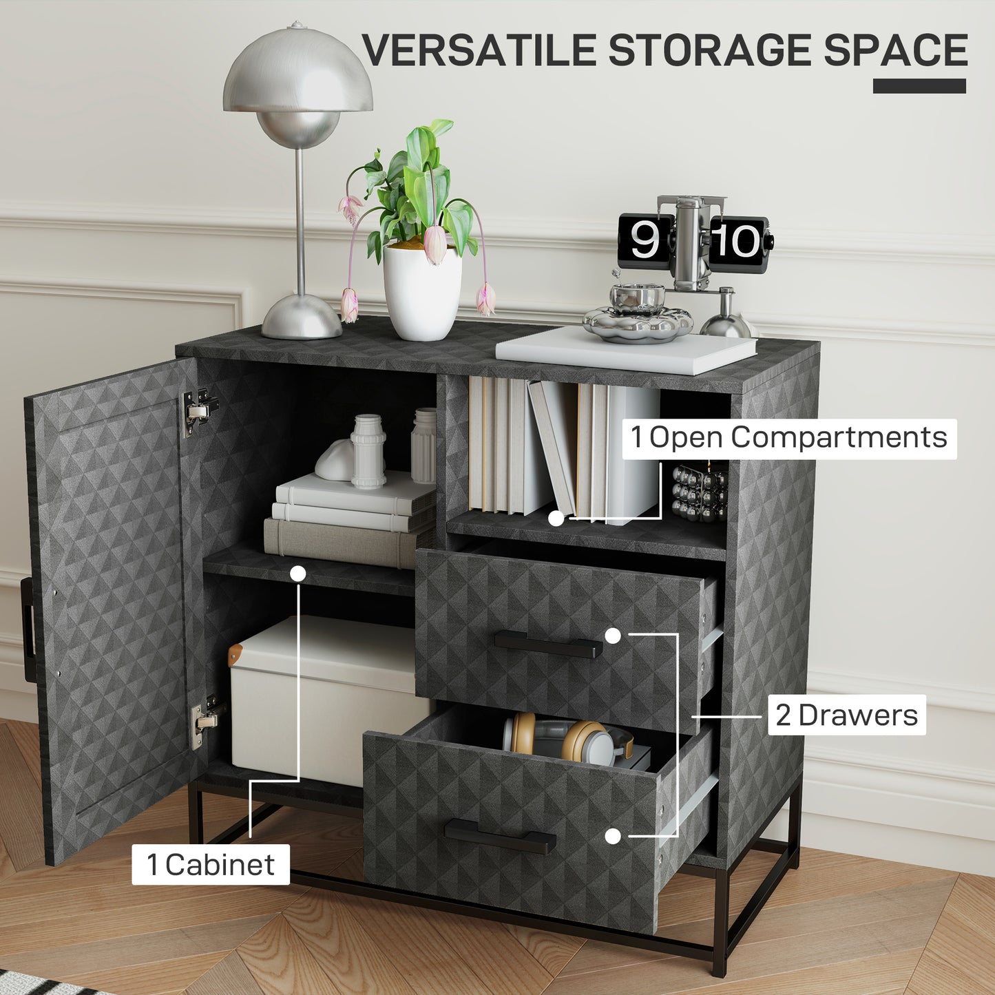 Cupboard with Adjustable Shelf, Open Compartment, 2 Drawers, Grey
