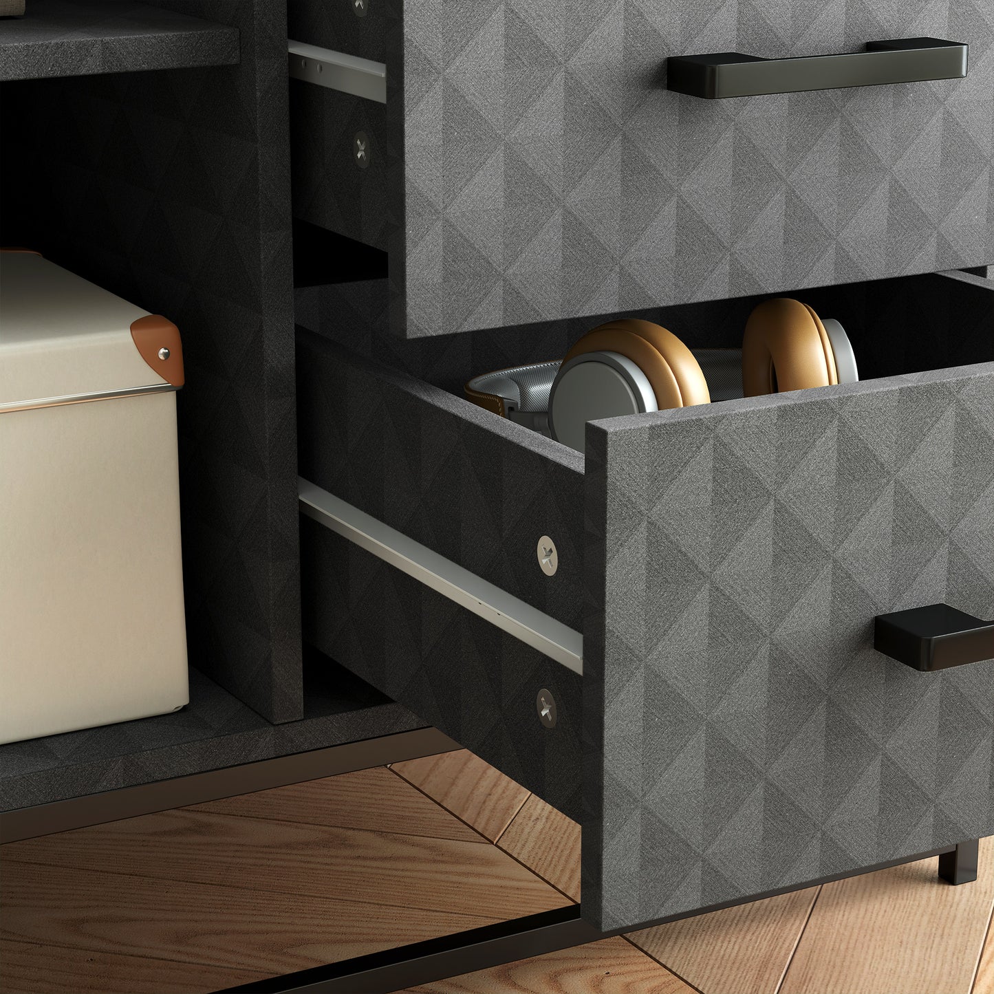 Cupboard with Adjustable Shelf, Open Compartment, 2 Drawers, Grey