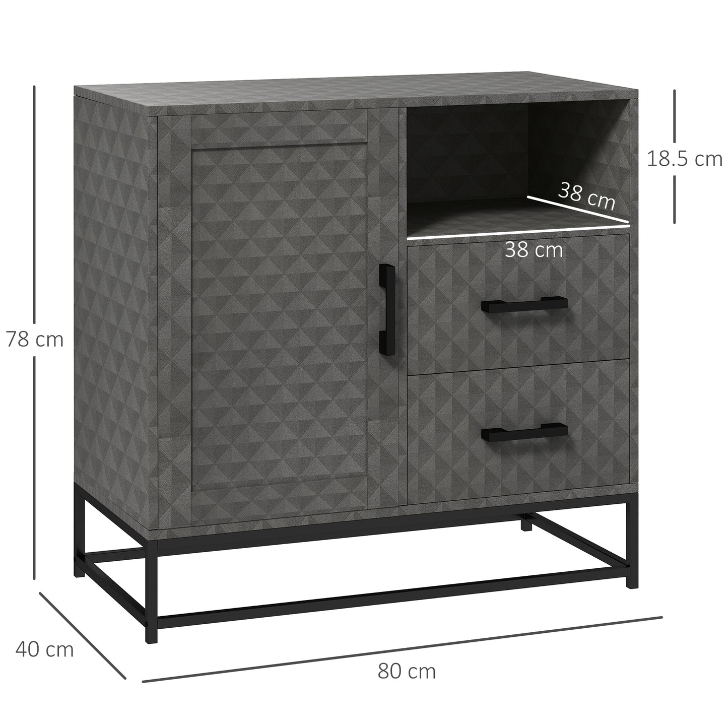Cupboard with Adjustable Shelf, Open Compartment, 2 Drawers, Grey