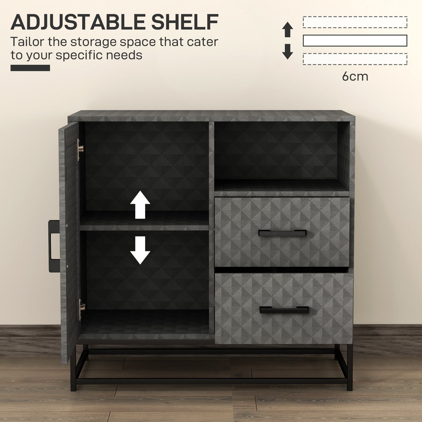 Cupboard with Adjustable Shelf, Open Compartment, 2 Drawers, Grey