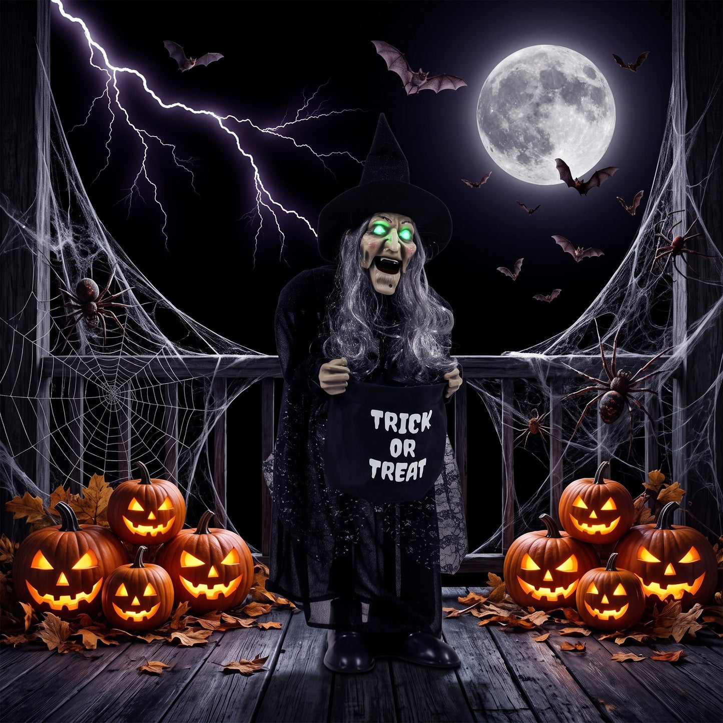 37" Animated Witch Halloween Decoration with Light Up Eyes for Party