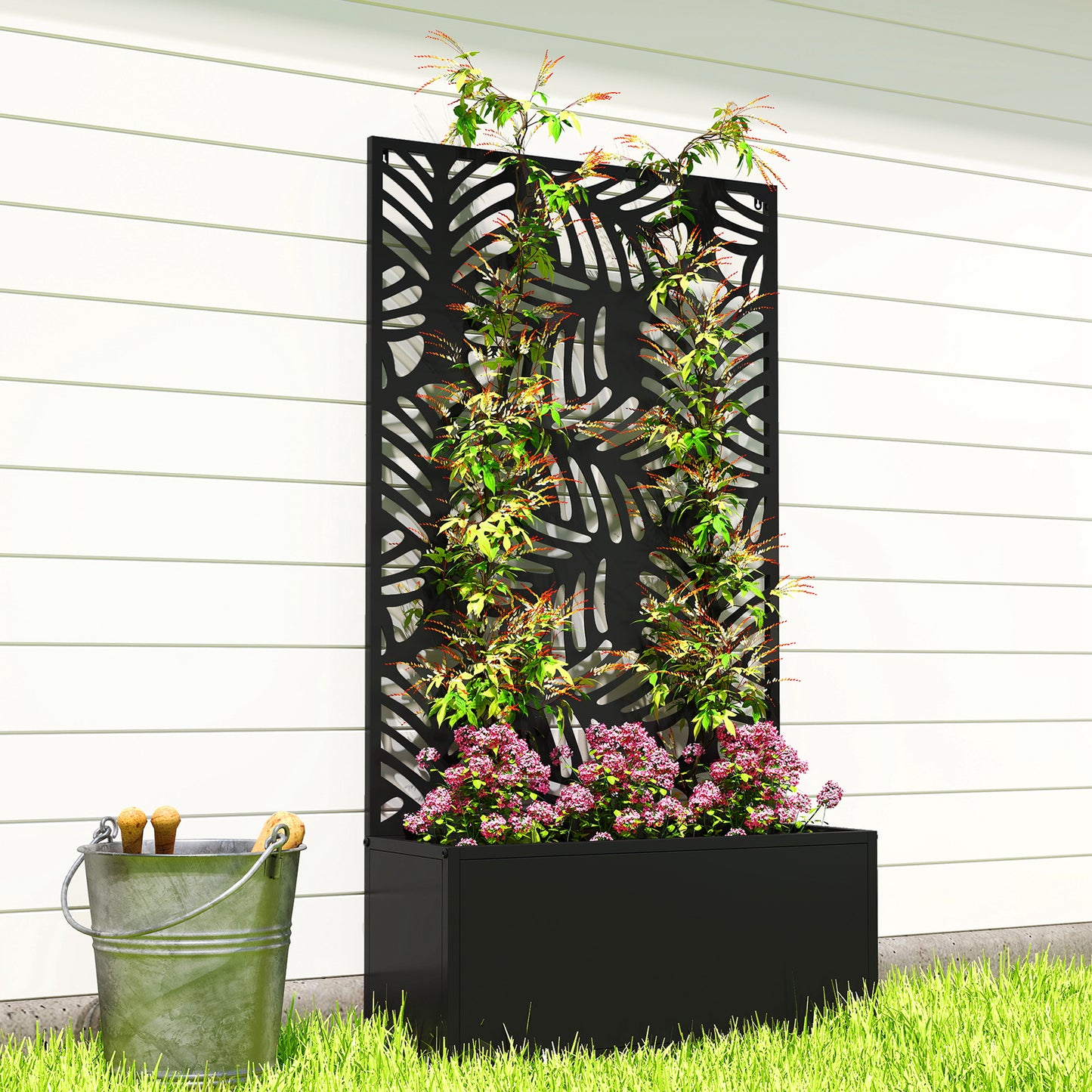 Metal Raised Garden Bed with Trellis, Outdoor Elevated Planter Box
