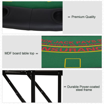 7 Player Poker Table, 182 cm Folding Blackjack Table with Chip Tray, Cup Holders, Padded Rails, Portable Half-shape Card Game Tables with Felt Top and Metal Base, Green