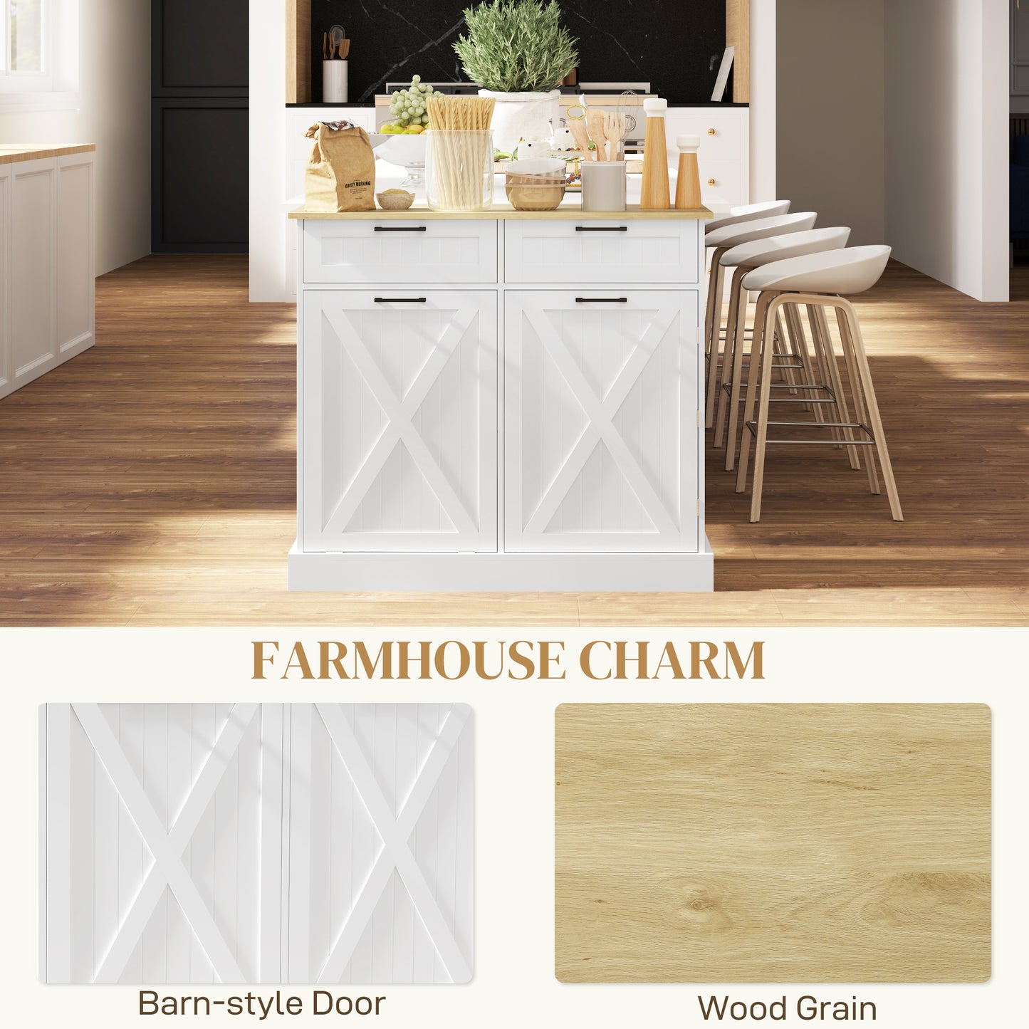 Sideboard with Trash Bin, Farmhouse Kitchen Sideboard with 2 Drawers