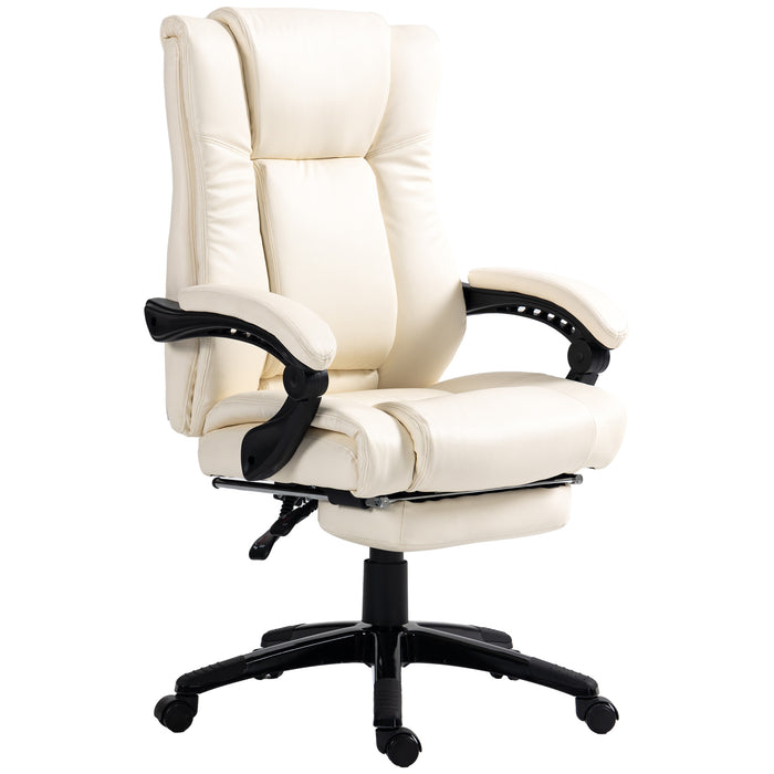 PU Leather Office Chair, Swivel Computer Chair with Footrest, Wheels, Adjustable Height, Cream White