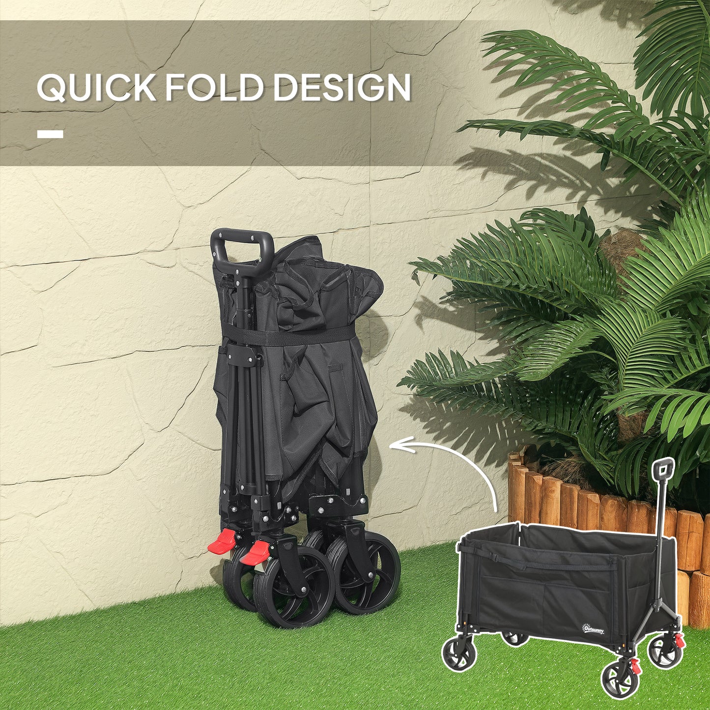 Folding Trolley on Wheels, Garden Cart with Openable Sides, Black