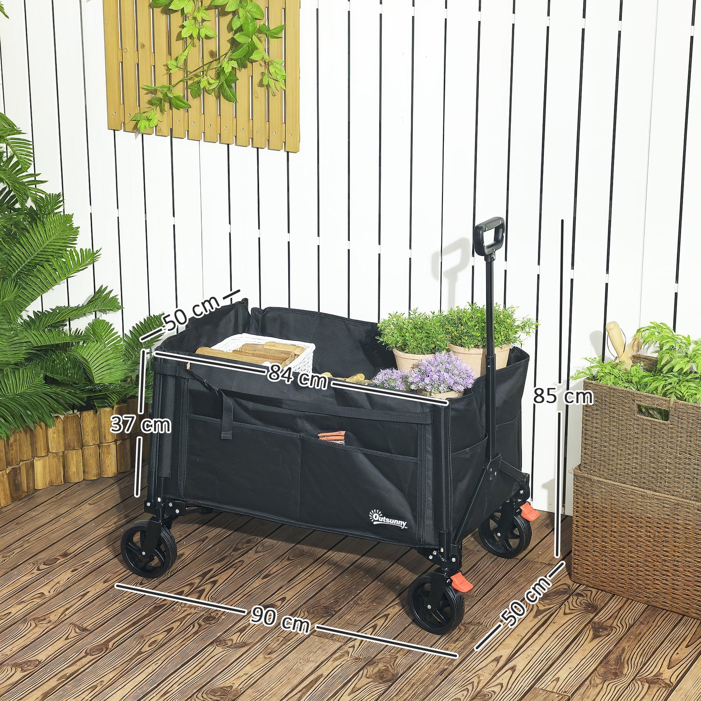 Folding Trolley on Wheels, Garden Cart with Openable Sides, Black