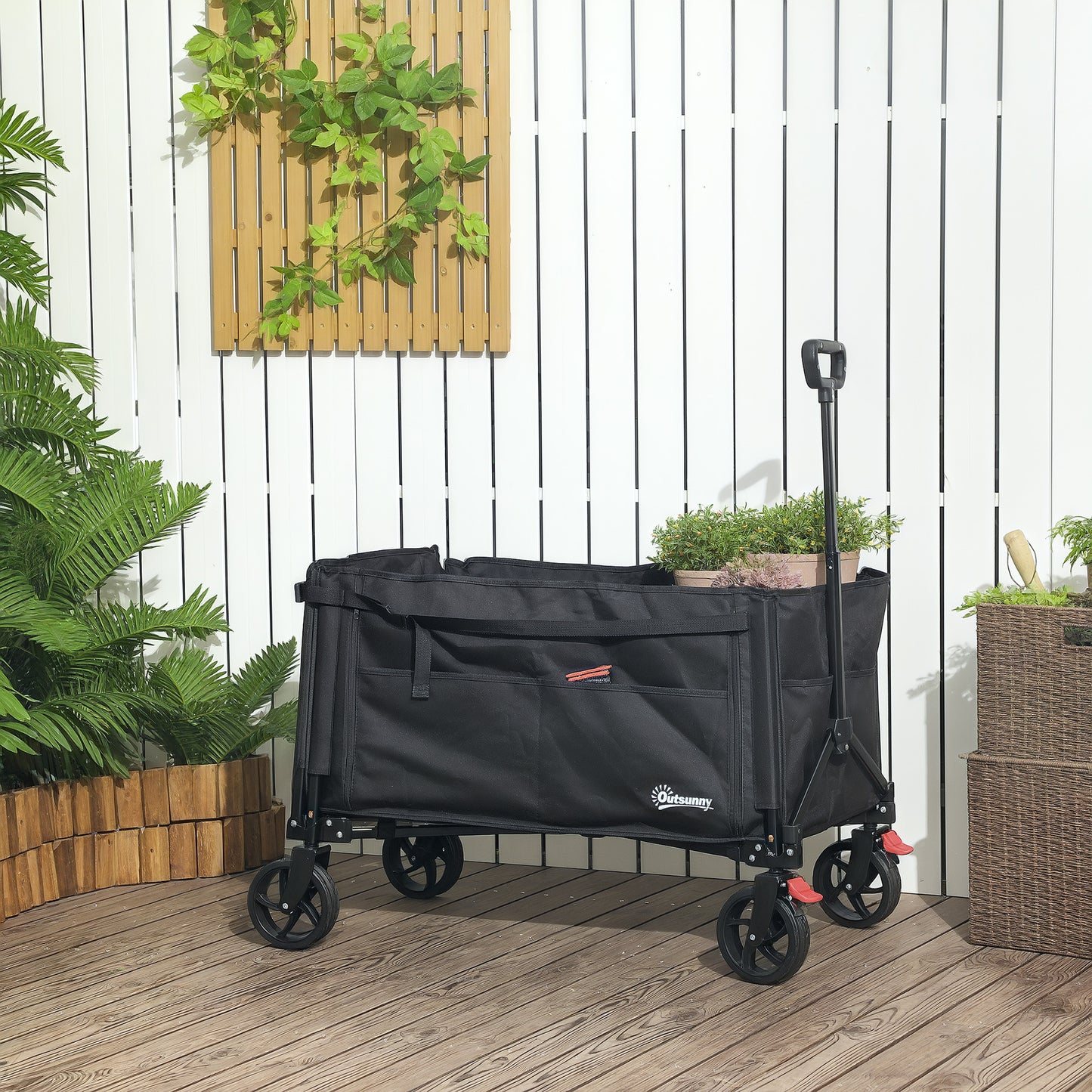 Folding Trolley on Wheels, Garden Cart with Openable Sides, Black