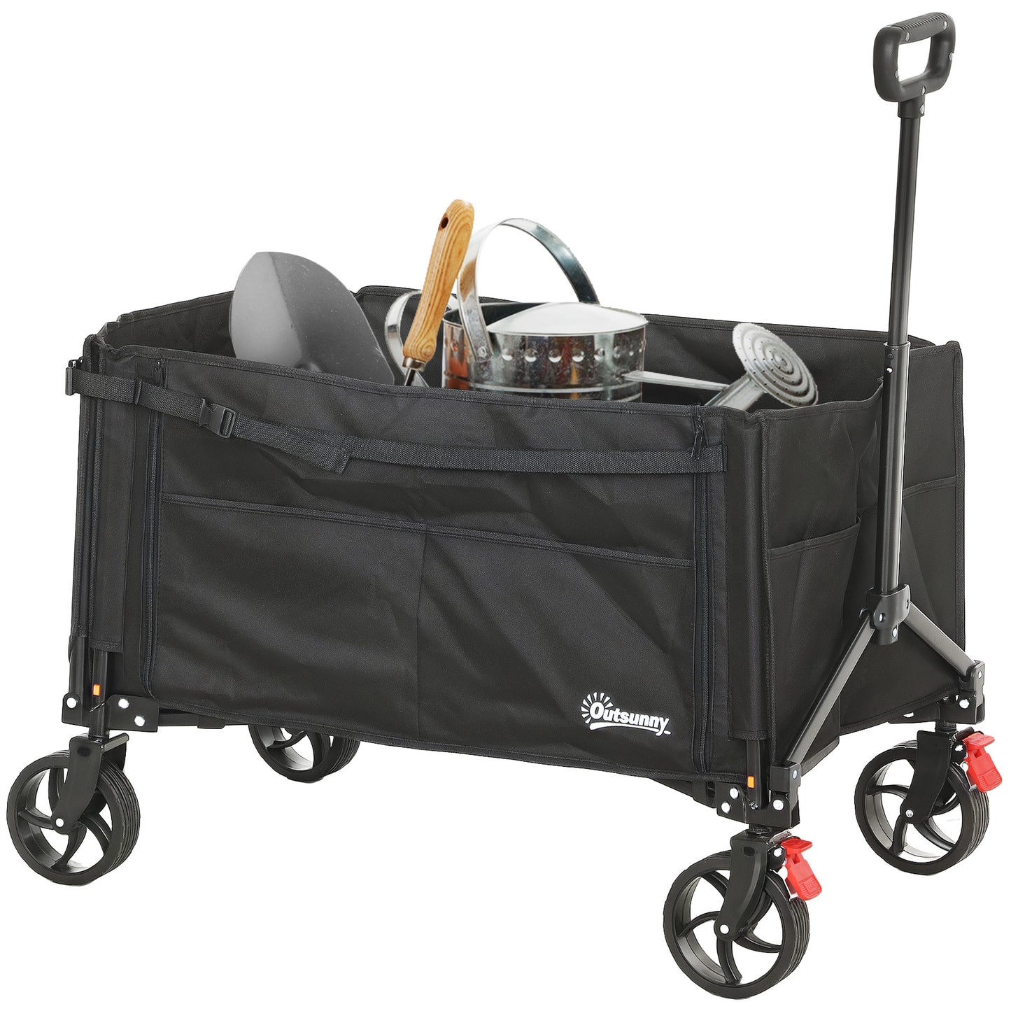 Folding Trolley on Wheels, Garden Cart with Openable Sides, Black