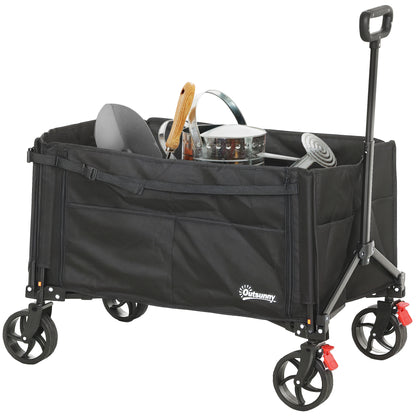 Folding Trolley on Wheels, Garden Cart with Openable Sides, Black