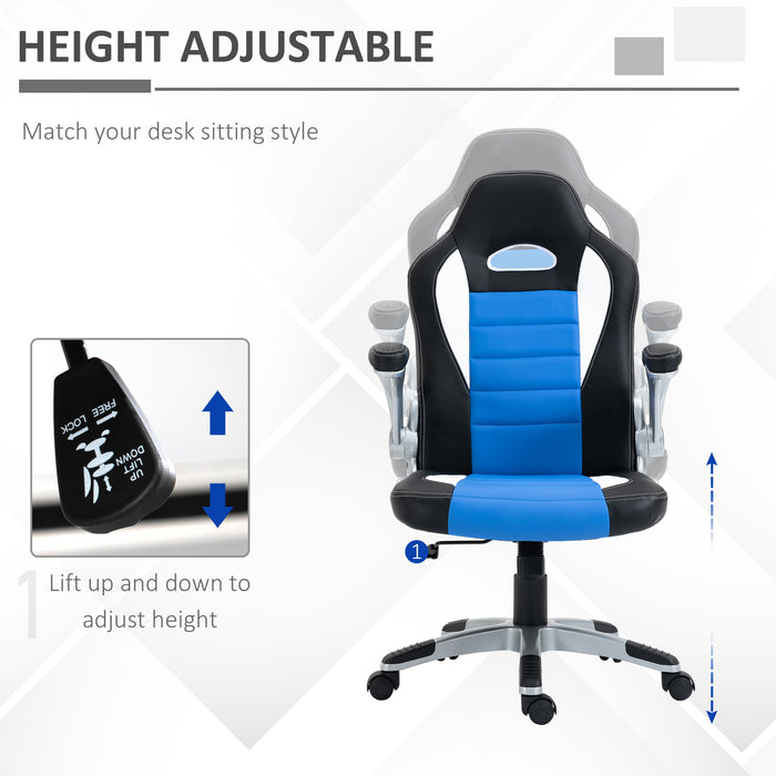 Racing Gaming Chair, PU Leather Computer Desk Chair, Height Adjustable Swivel Chair With Tilt Function and Flip Up Armrests, Blue