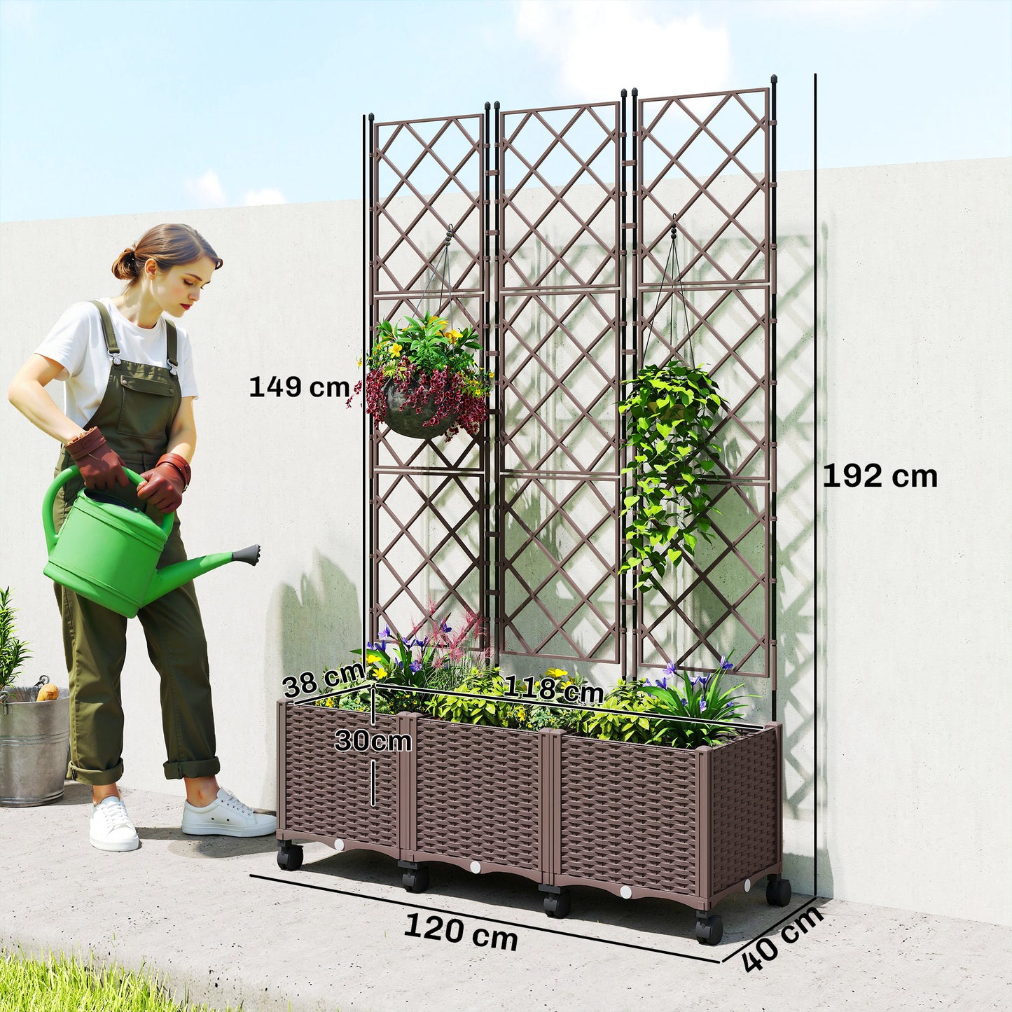 Plastic Raised Planter with Trellis and Self Watering Design