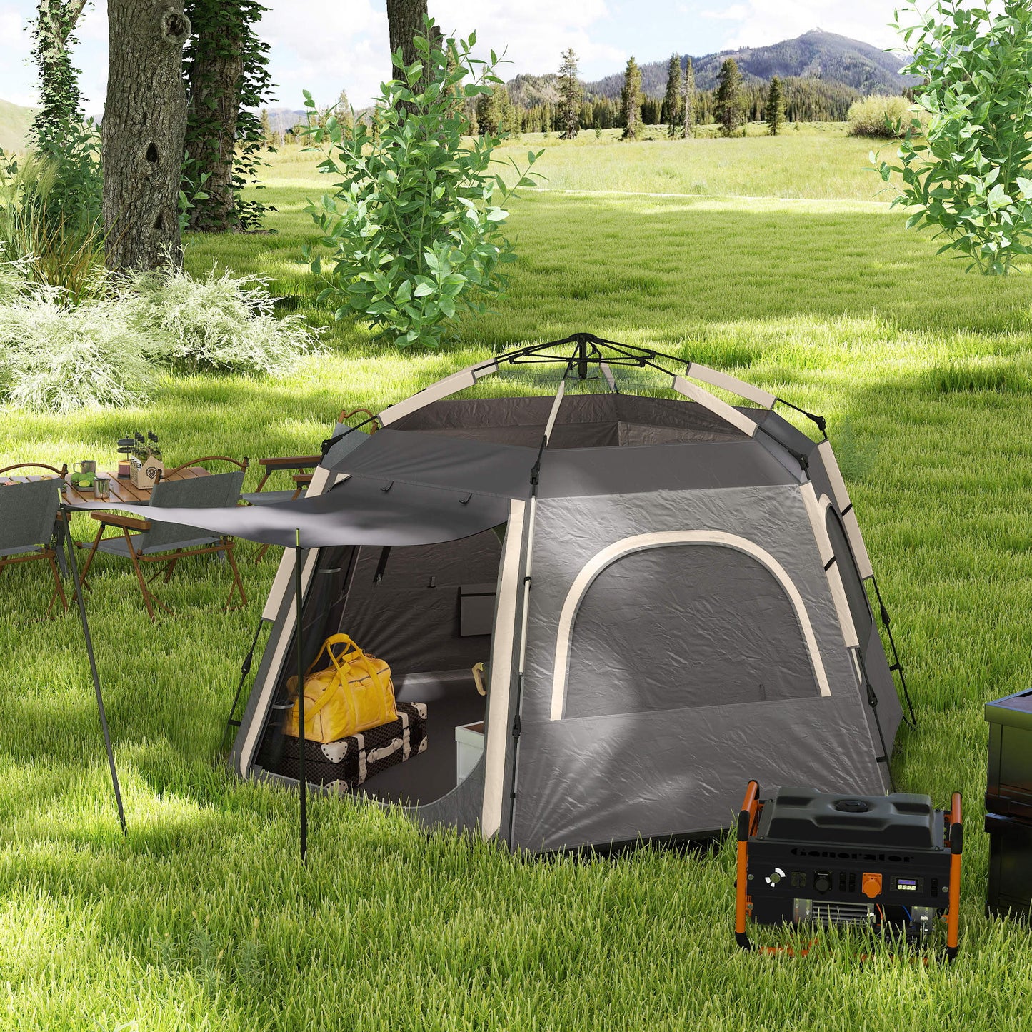 Instant Camping Tent, 4 Person Easy Setup Dome Tent, Dark Grey