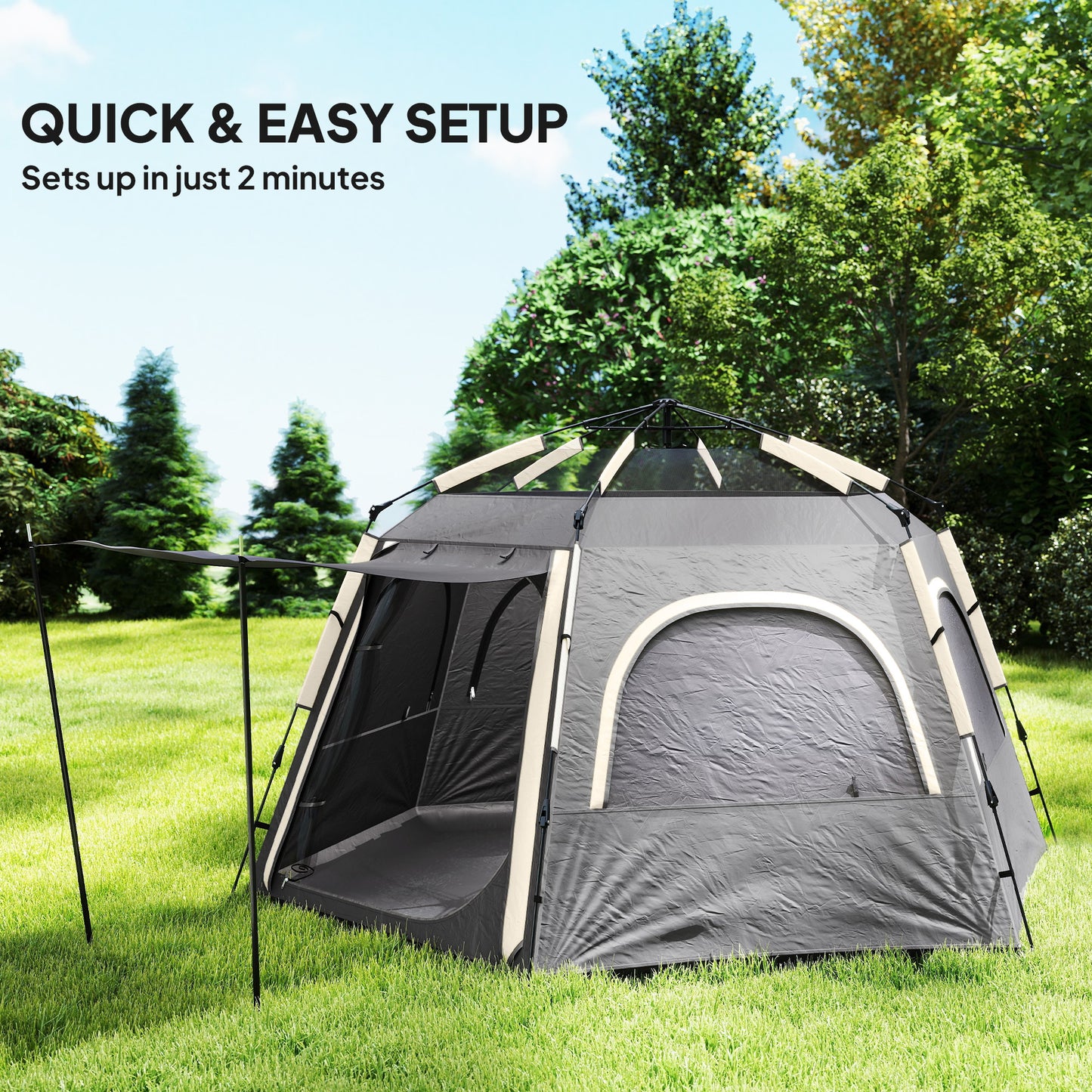 Instant Camping Tent, 4 Person Easy Setup Dome Tent, Dark Grey
