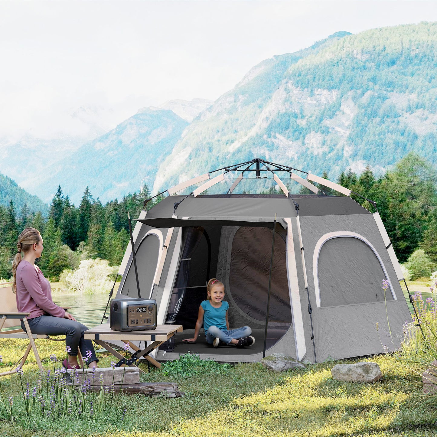 Instant Camping Tent, 4 Person Easy Setup Dome Tent, Dark Grey