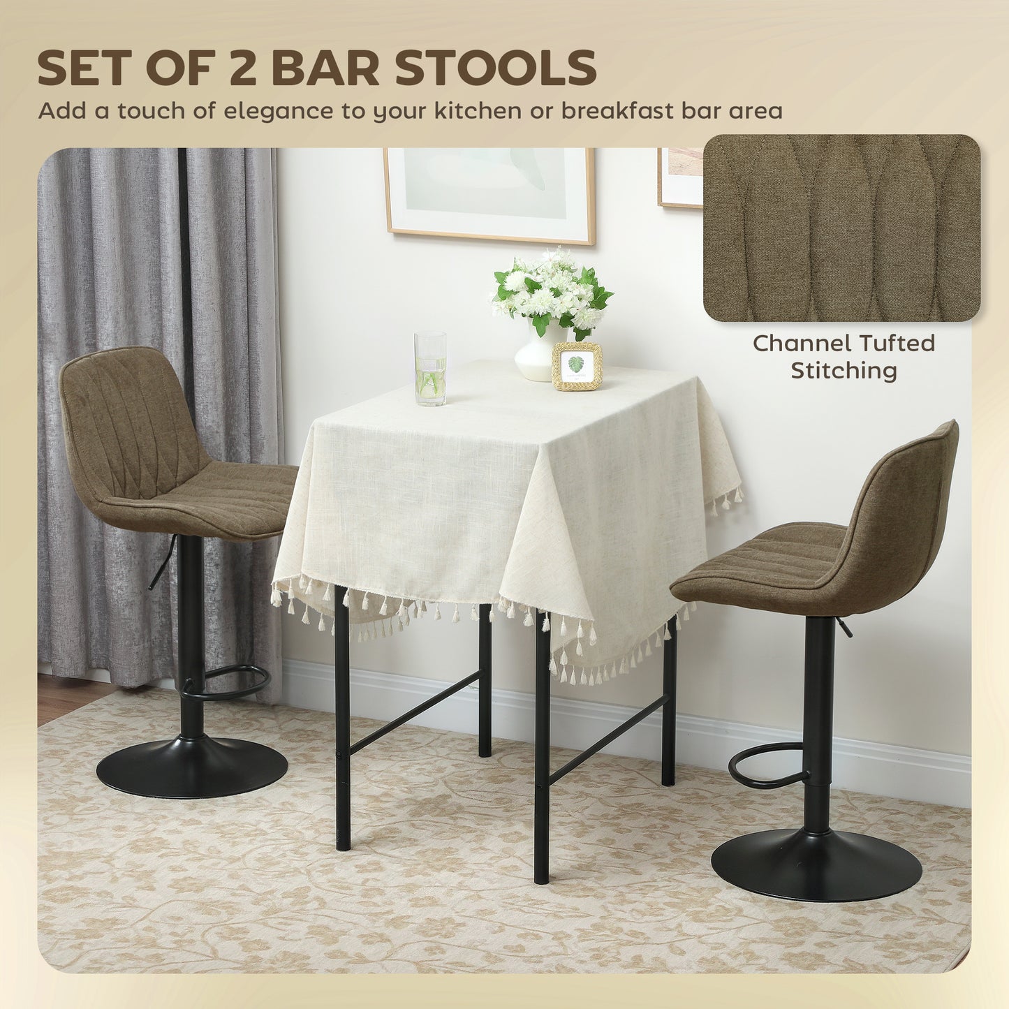 Bar Stools Set of 2, Modern Armless Bar Chairs, Brown