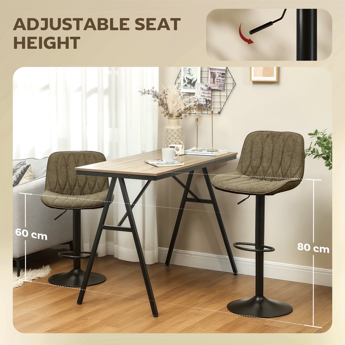 Bar Stools Set of 2, Modern Armless Bar Chairs, Brown