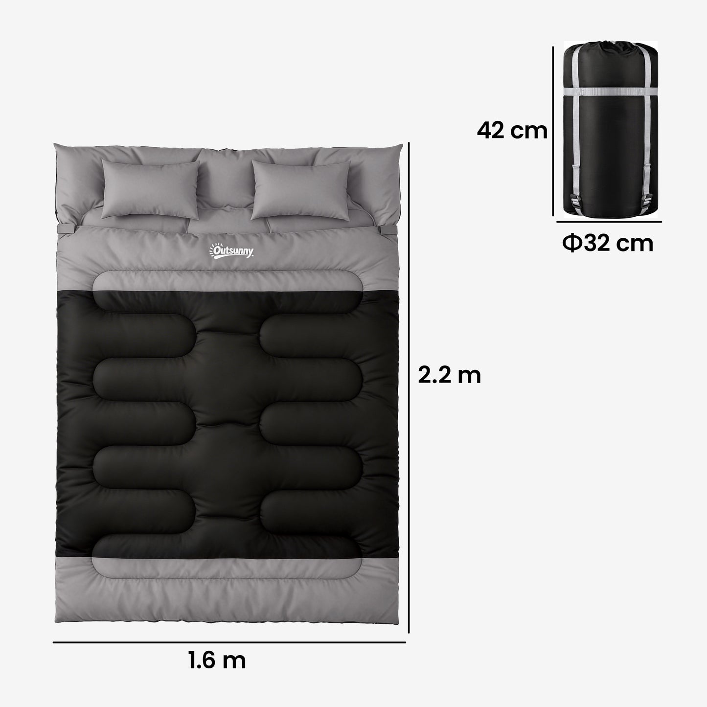 Double Sleeping Bag with 2 Pillows, 220 x 160cm Sleeping Bag Grey