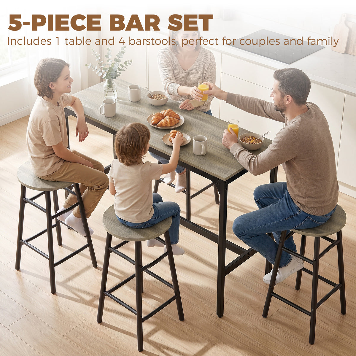 5 Piece Bar Set, Industrial Kitchen and Chair Set Grey Wood Effect