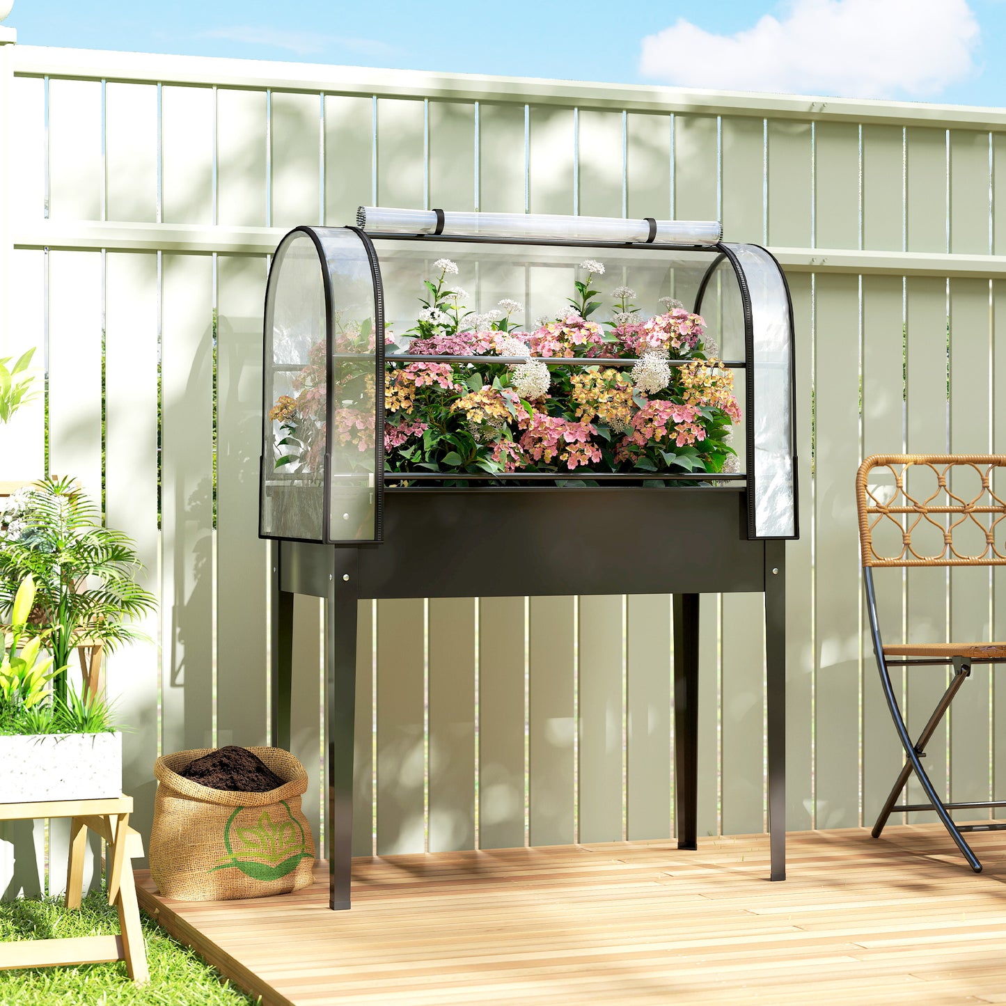 Metal Raised Planter with Flip-Up Greenhouse, Drainage Hole, Black