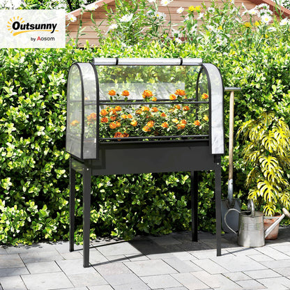 Raised Planter with Flip-Up Greenhouse Cover, Metal Raised Garden Bed on Legs with Drainage Hole and Gloves, Outdoor Elevated Garden Planter for Vegetables, Herbs, Flowers, Black