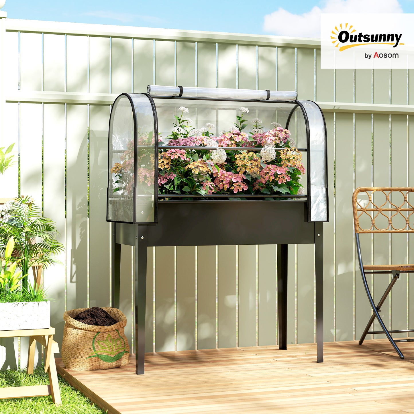 Raised Planter with Flip-Up Greenhouse Cover, Metal Raised Garden Bed on Legs with Drainage Hole and Gloves, Outdoor Elevated Garden Planter for Vegetables, Herbs, Flowers, Black