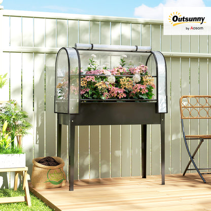 Raised Planter with Flip-Up Greenhouse Cover, Metal Raised Garden Bed on Legs with Drainage Hole and Gloves, Outdoor Elevated Garden Planter for Vegetables, Herbs, Flowers, Black