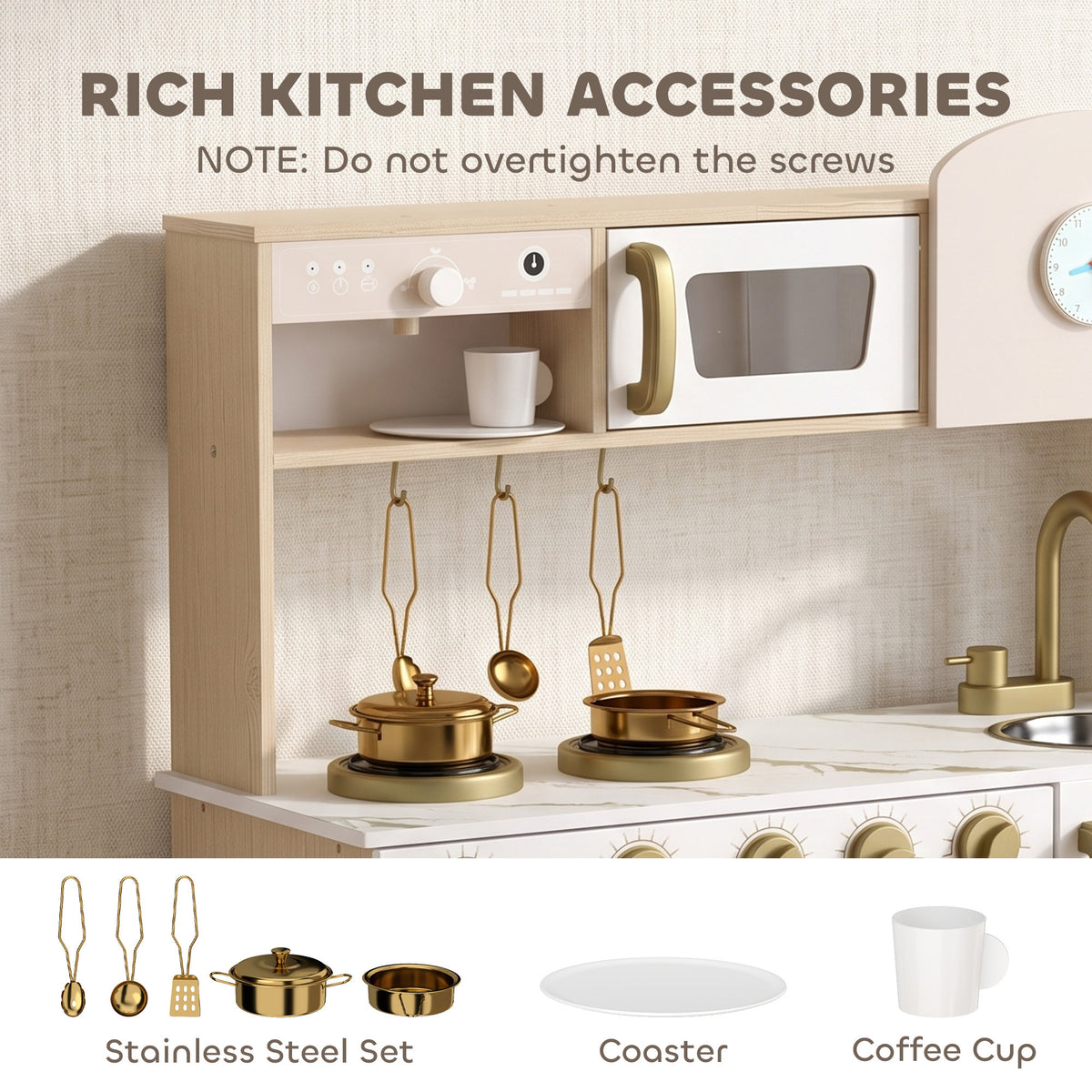 Kids Kitchen Playset with Rotating Coffee Machine for 3-6 Y, White