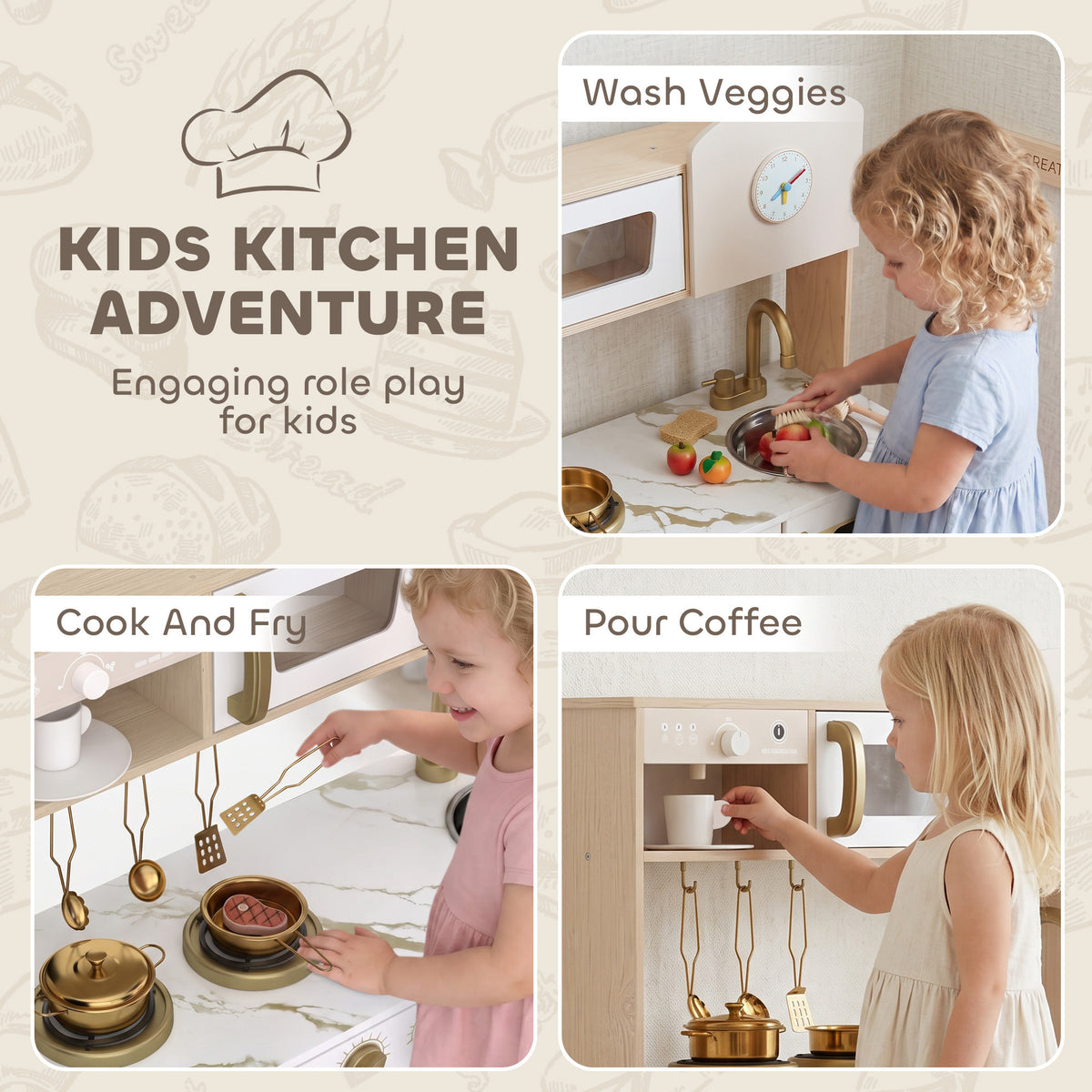 Kids Kitchen Playset with Rotating Coffee Machine for 3-6 Y, White