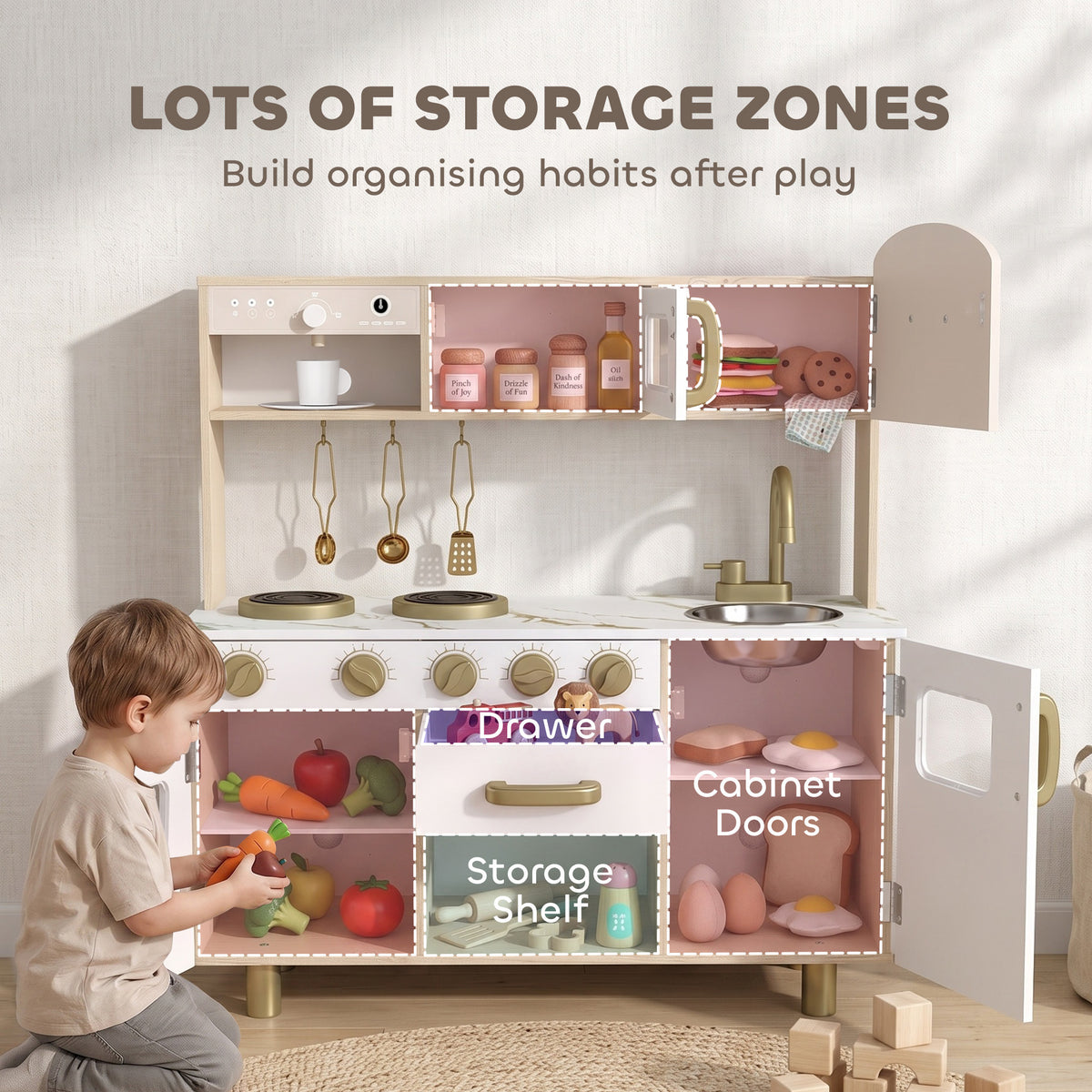 Kids Kitchen Playset with Rotating Coffee Machine for 3-6 Y, White