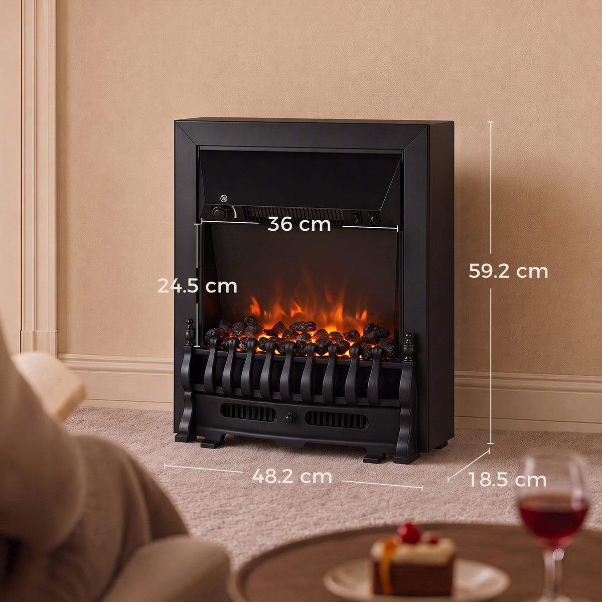 2000W Freestanding or Inset Electric Fire with Coal Effect - Matt Black