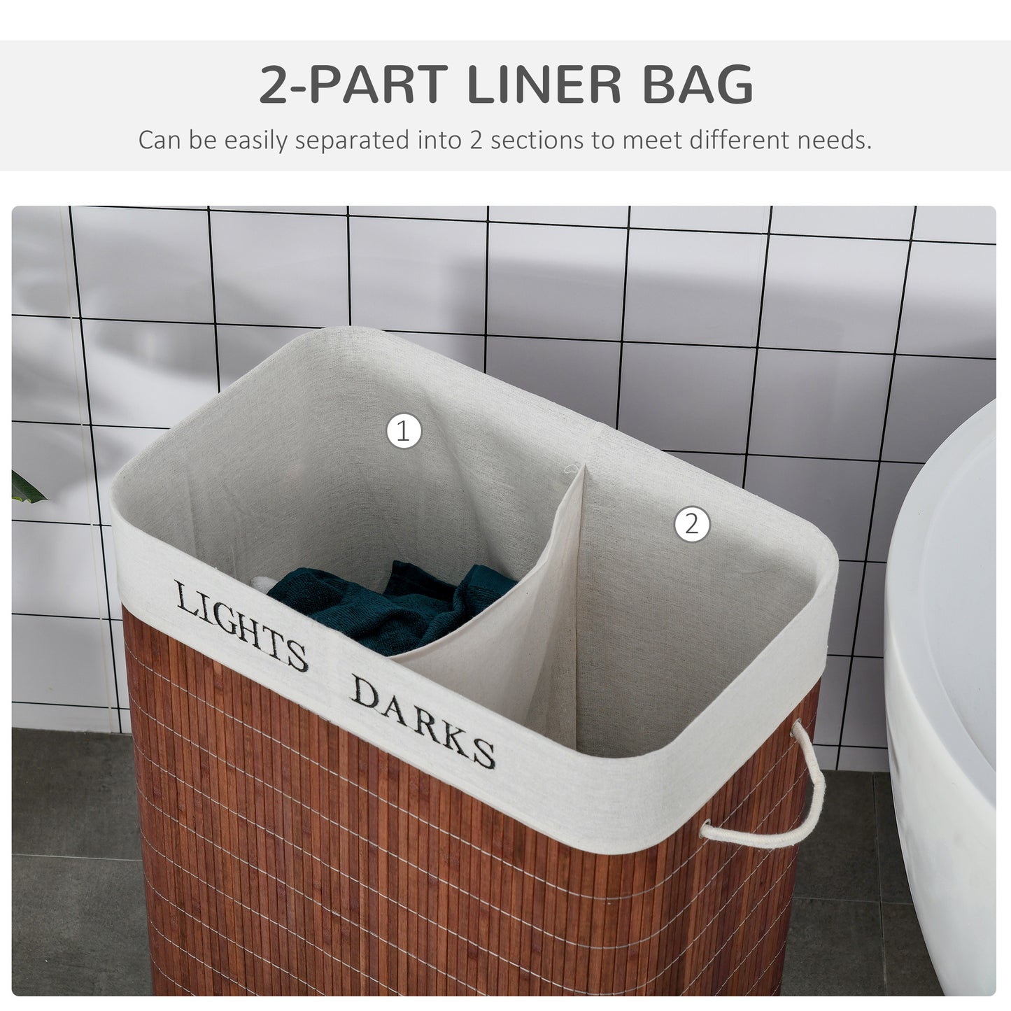 2 Section Collapsible Laundry Hamper Lid Removable Lining, Brown