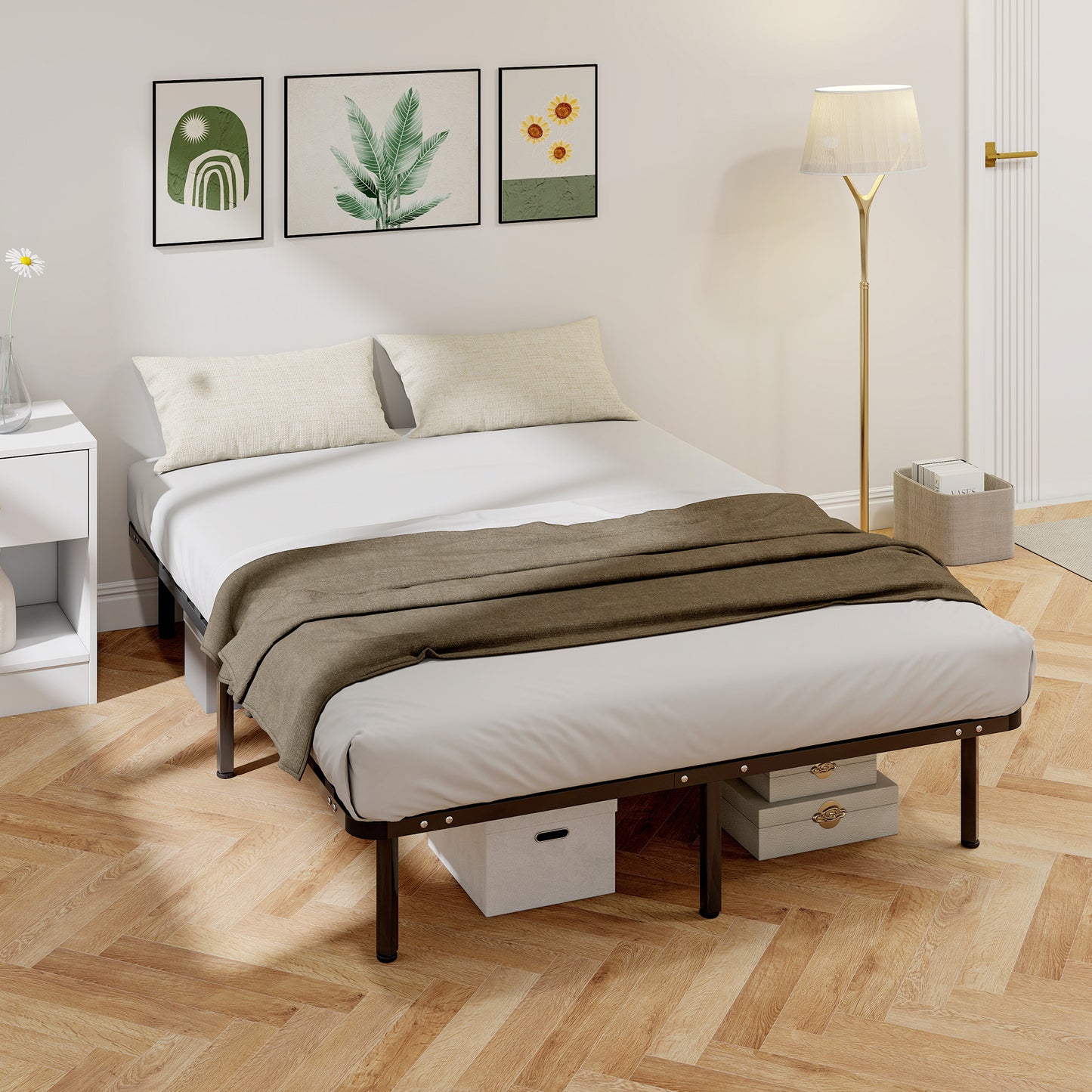 4ft6 Double Bed Frame, Metal Platform Bed Frame with 2 x 14 Wood Slats, No Box Spring Needed, Underbed Storage, Easy to Assemble, Black
