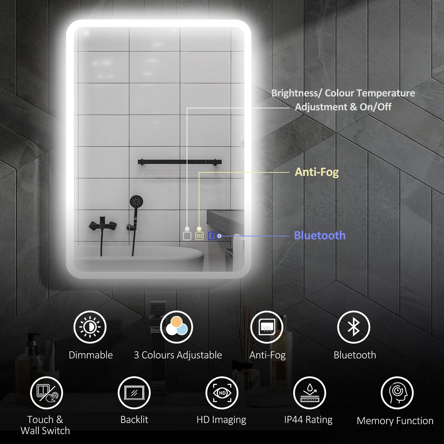 500 x 700 mm Bluetooth Bathroom Mirror with LED Lights Wall Mounted