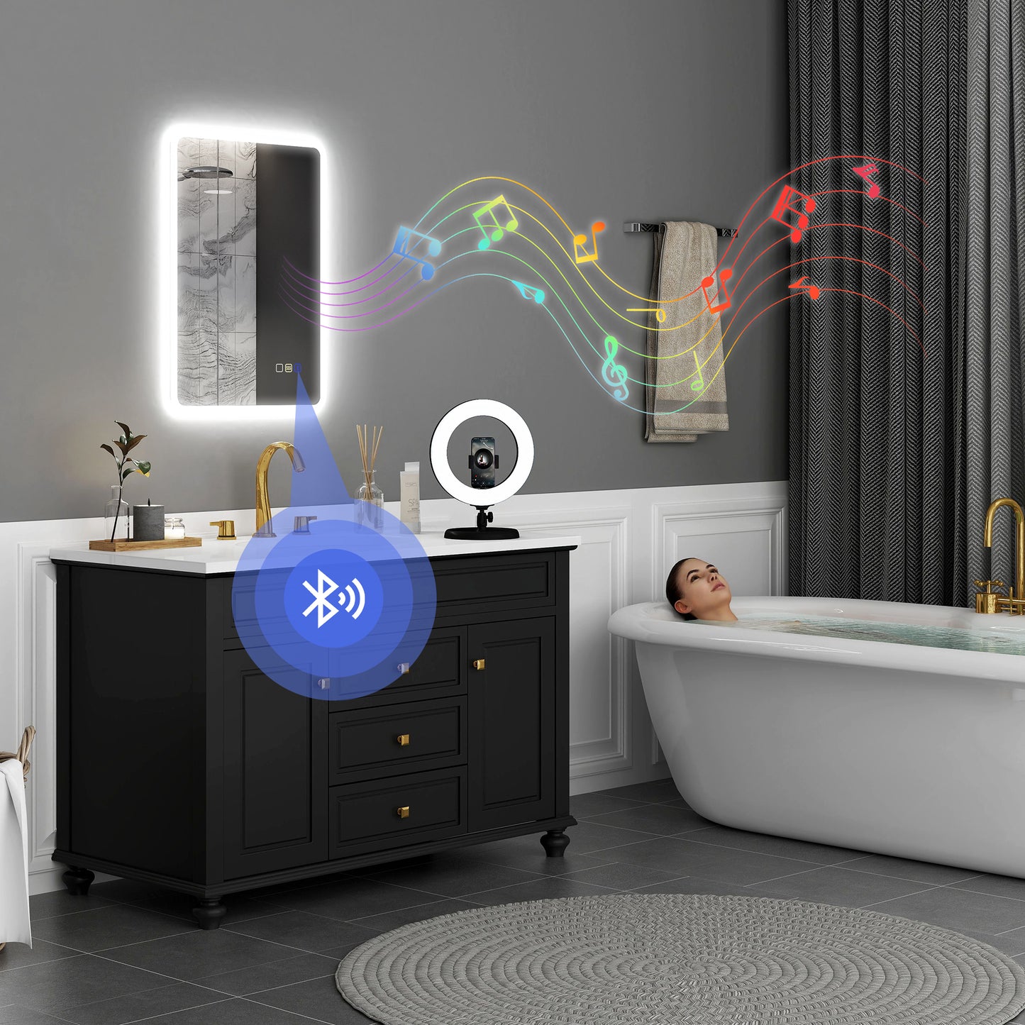 500 x 700 mm Bluetooth Bathroom Mirror with LED Lights Wall Mounted