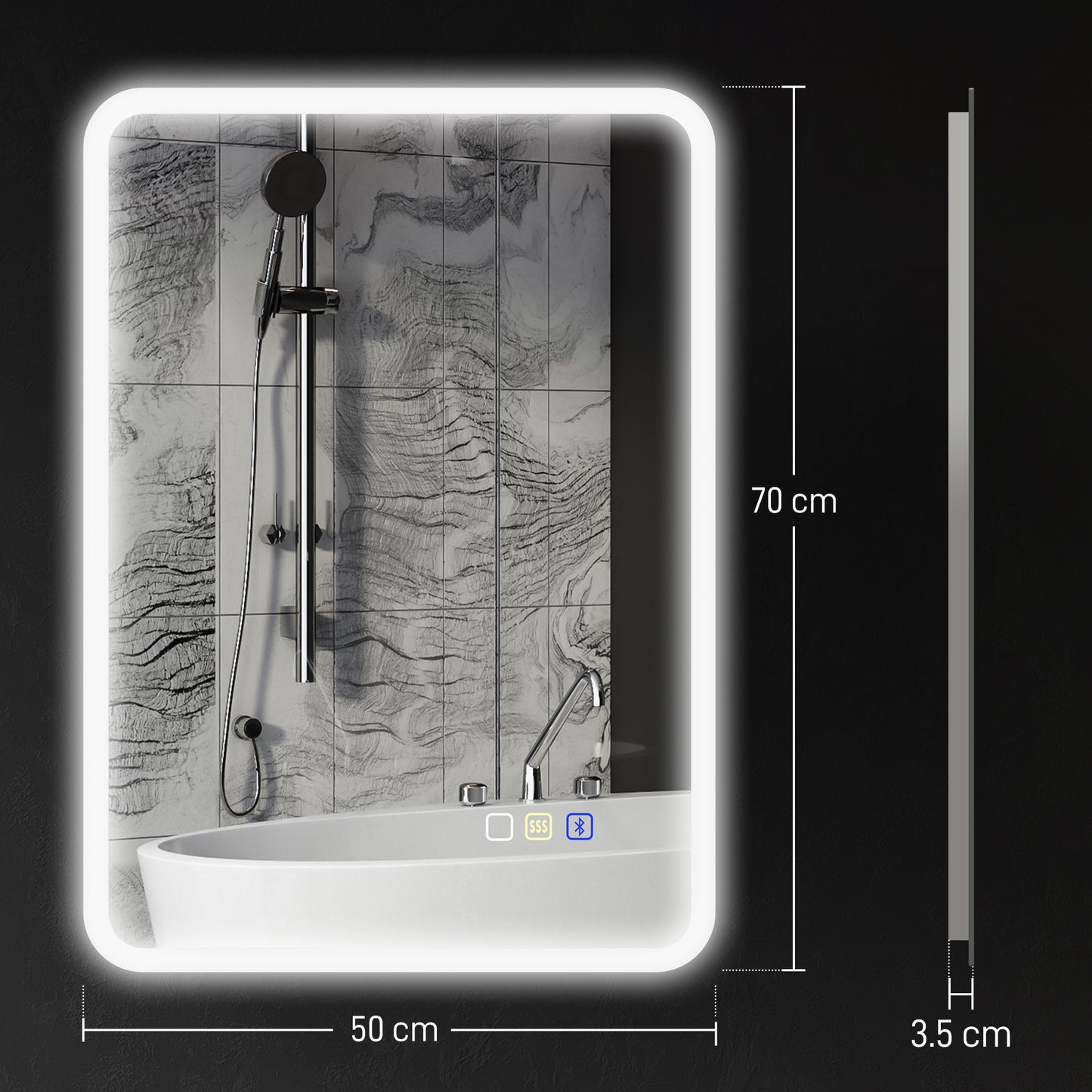 500 x 700 mm Bluetooth Bathroom Mirror with LED Lights Wall Mounted