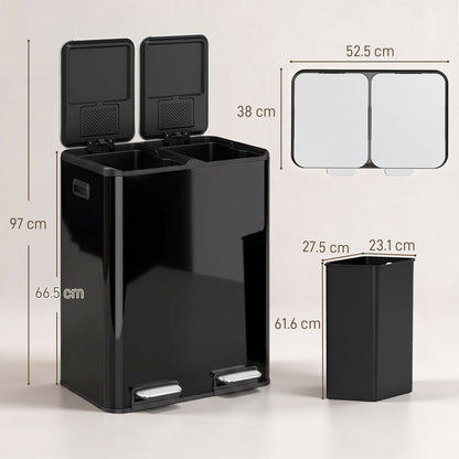 2x30L Kitchen Bin, Stainless Steel Recycling Bin, High Gloss Black