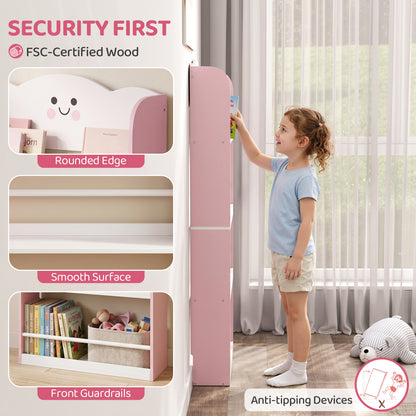 4 Tier Kids Bookshelf, Wall-Mounted Children Bookcase, Cotton Candy Theme Toddler Space-Saving Bookcase for Living Room, Kids Room, Playroom, Pink