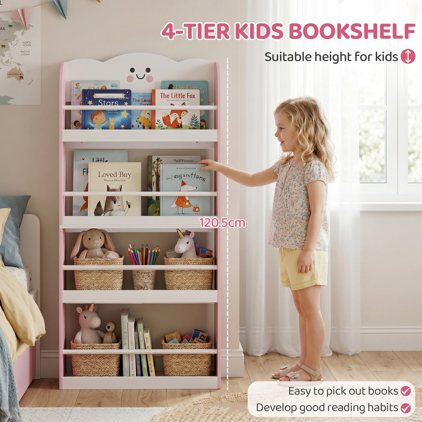 4 Tier Kids Bookshelf, Wall-Mounted Children Bookcase, Cotton Candy Theme Toddler Space-Saving Bookcase for Living Room, Kids Room, Playroom, Pink