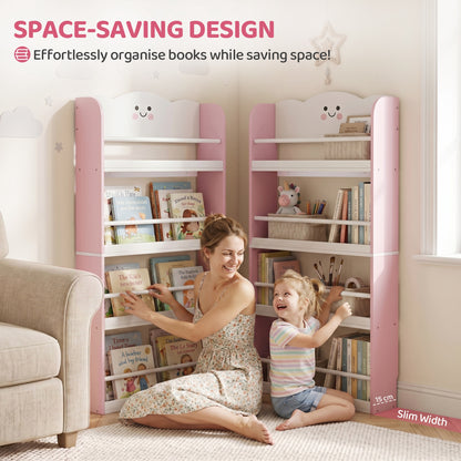 4 Tier Kids Bookshelf, Wall-Mounted Children Bookcase, Cotton Candy Theme Toddler Space-Saving Bookcase for Living Room, Kids Room, Playroom, Pink