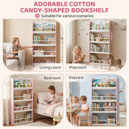 4 Tier Kids Bookshelf, Wall-Mounted Children Bookcase, Cotton Candy Theme Toddler Space-Saving Bookcase for Living Room, Kids Room, Playroom, Pink