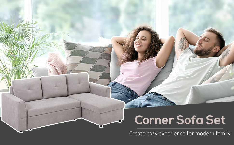 3 Seater Linen Look L-Shaped Corner Sofa, Pull Out Sofa with Storage Compartment In Grey - Hurry Limited Stock!