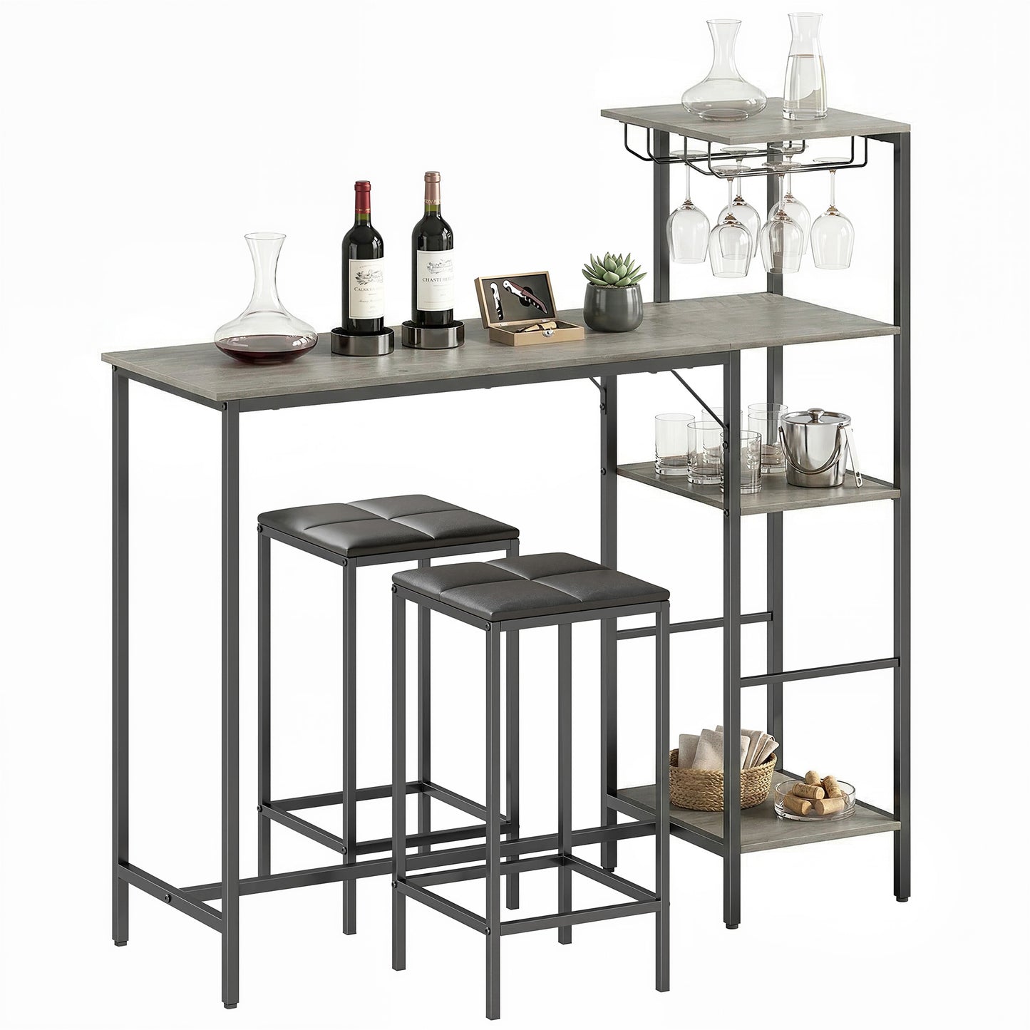 3Pcs Breakfast Bar Table and Stools Set 4-tier shelving, Washed Grey