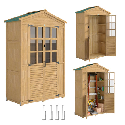 Wooden Small Shed, Garden Tool Shed with Shelves and Acrylic Windows, Tool Storage Cabinet with Asphalt Roof and Lockable Doors for Equipment, Light Brown