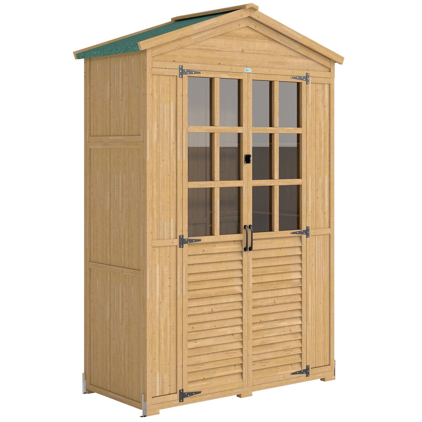 Wooden Small Shed, Garden Tool Shed with Shelves and Acrylic Windows, Tool Storage Cabinet with Asphalt Roof and Lockable Doors for Equipment, Light Brown