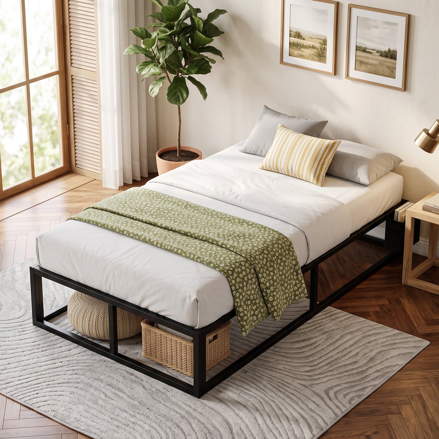 12 Slats Metal Platform Bed Frame with Storage Bag, Black