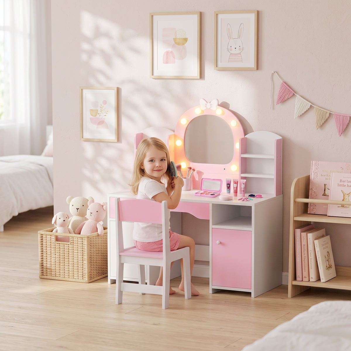 Kids Dressing Table with Stool, Lighted Mirror, Pink