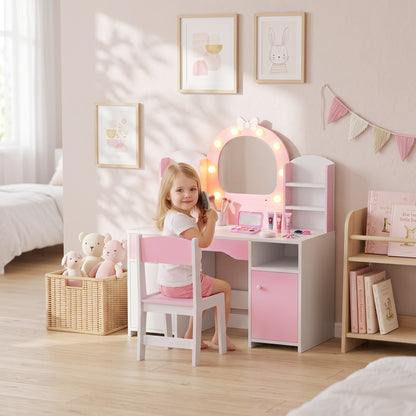 Kids Dressing Table with Stool, Lighted Mirror, Pink